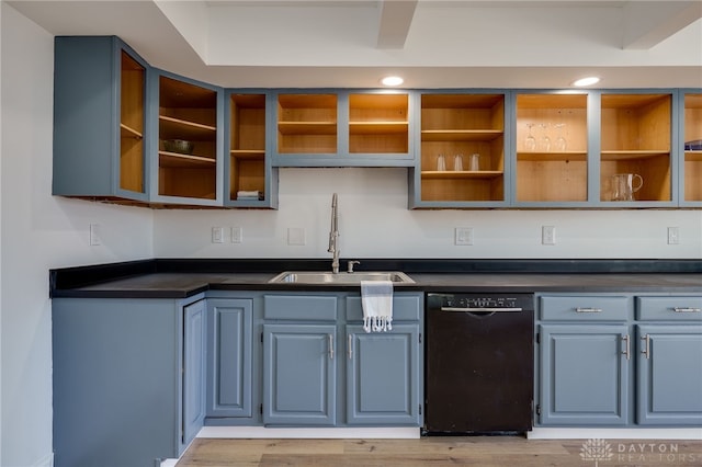 kitchen featuring black dishwasher, dark countertops, open shelves, a sink, and recessed lighting