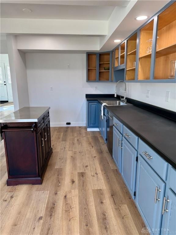 545 E Whipp Rd, Dayton, OH 45459 - kitchen with a sink, open shelves, blue cabinetry, baseboards, and dark countertops