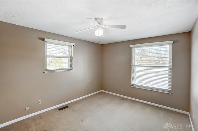 empty room featuring ceiling fan, carpet, and a textured ceiling