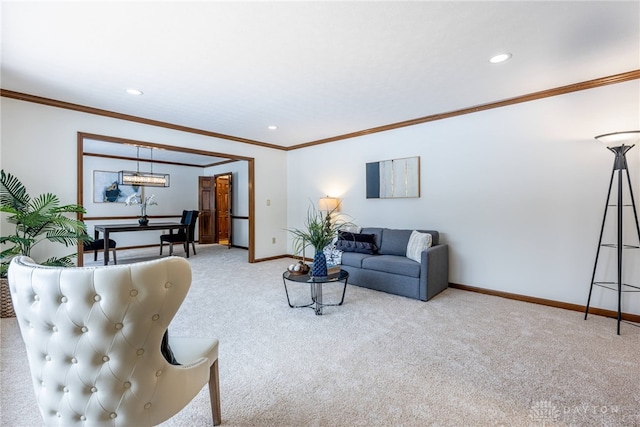 living room featuring crown molding and light colored carpet