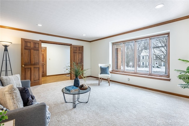 carpeted living room with crown molding