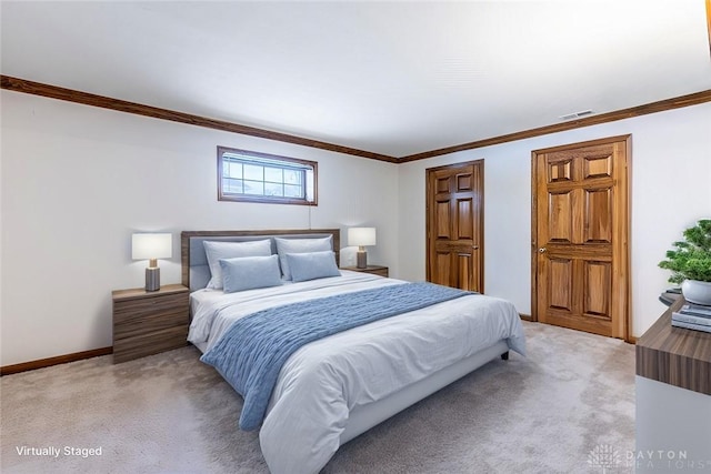 bedroom with light carpet and ornamental molding