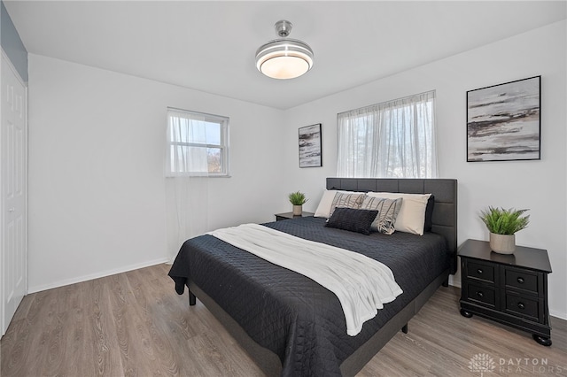 bedroom featuring multiple windows and light wood-type flooring