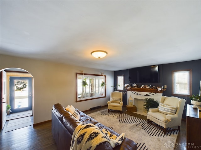 living room featuring dark hardwood / wood-style floors