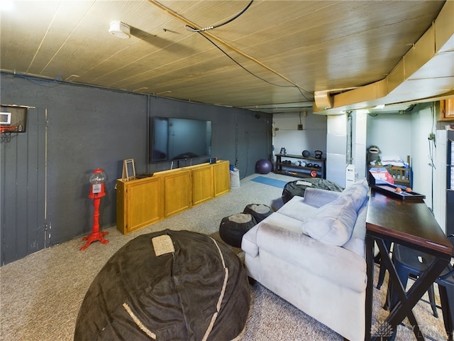 carpeted living room featuring wood ceiling