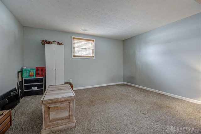 interior space featuring carpet floors and a textured ceiling