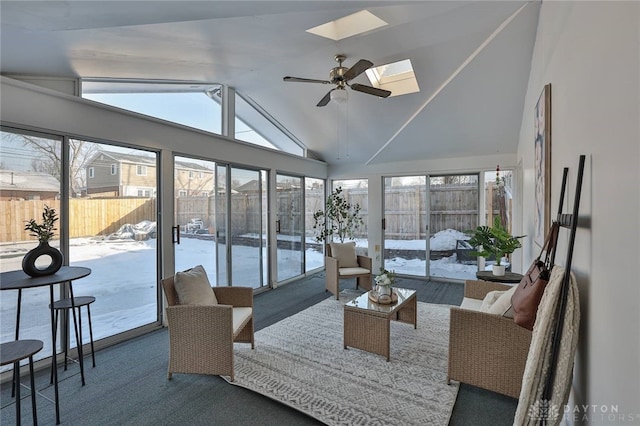 sunroom / solarium featuring plenty of natural light, lofted ceiling with skylight, and ceiling fan