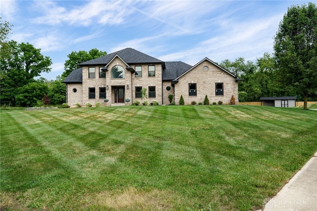 french country style house with a storage shed and a front yard