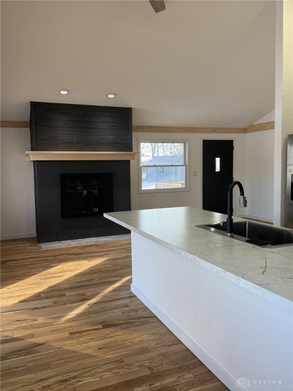 kitchen featuring sink, hardwood / wood-style flooring, ornamental molding, and a large fireplace