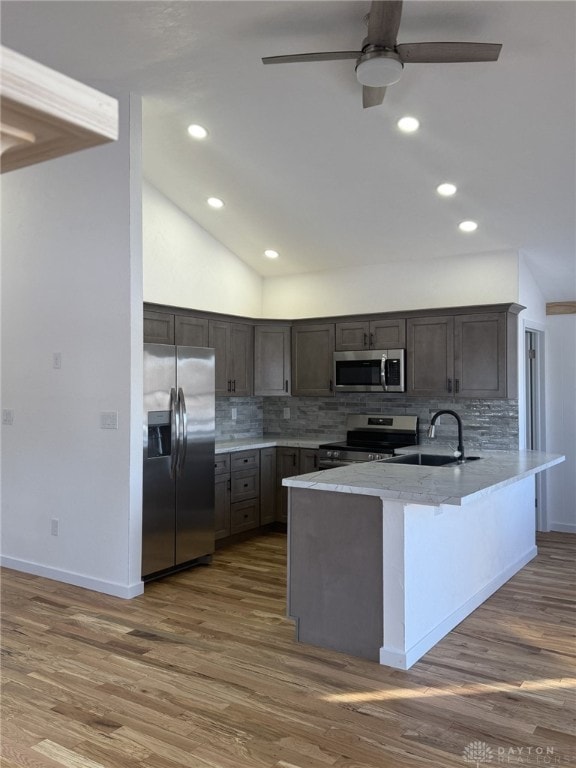 kitchen featuring appliances with stainless steel finishes, dark hardwood / wood-style flooring, kitchen peninsula, and sink