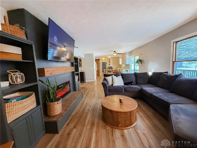 living room with light hardwood / wood-style flooring and a textured ceiling