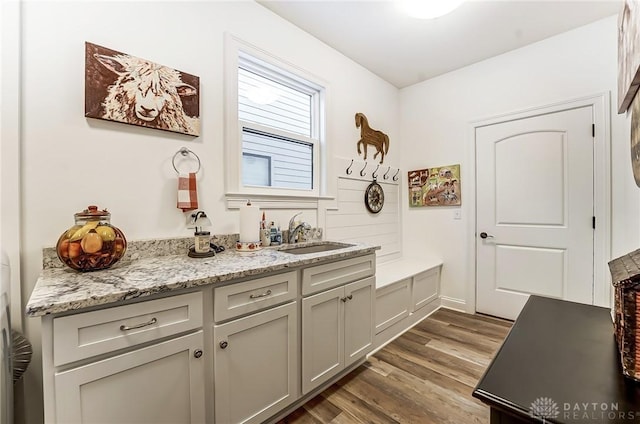 interior space with gray cabinetry, sink, dark wood-type flooring, and light stone countertops