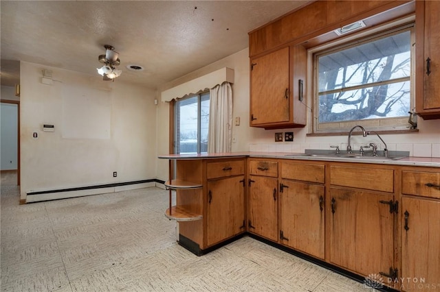 kitchen featuring a baseboard radiator, sink, backsplash, ceiling fan, and kitchen peninsula