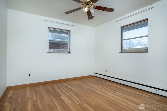 unfurnished room featuring hardwood / wood-style floors, ceiling fan, and baseboard heating