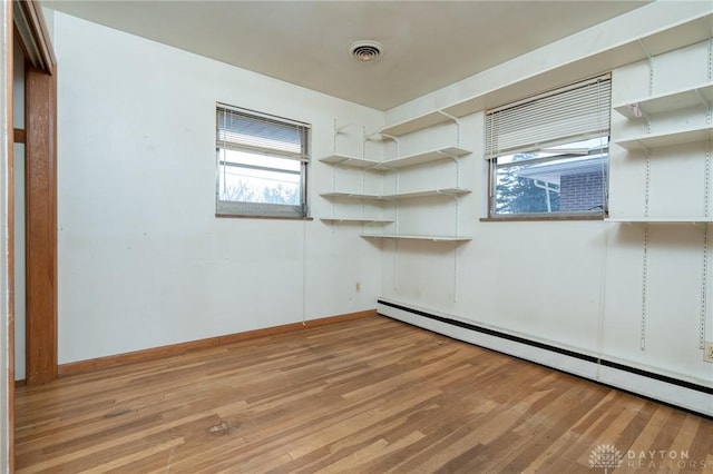 spare room with light hardwood / wood-style flooring and a baseboard heating unit