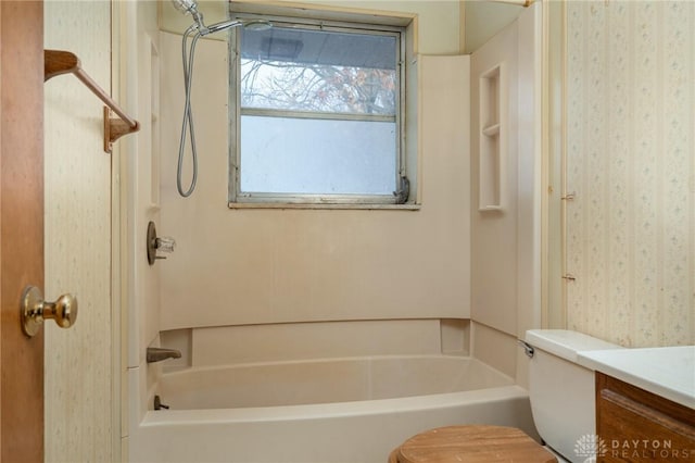 full bathroom with vanity, shower / bathtub combination, and toilet