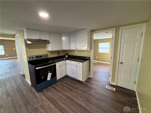 kitchen featuring sink, dark hardwood / wood-style floors, white cabinets, and stainless steel electric range oven