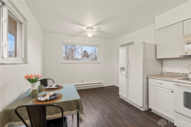 kitchen with white cabinetry, a baseboard heating unit, white appliances, and dark wood-type flooring