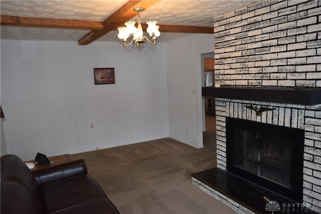 carpeted living room featuring beamed ceiling, a fireplace, a chandelier, and a textured ceiling