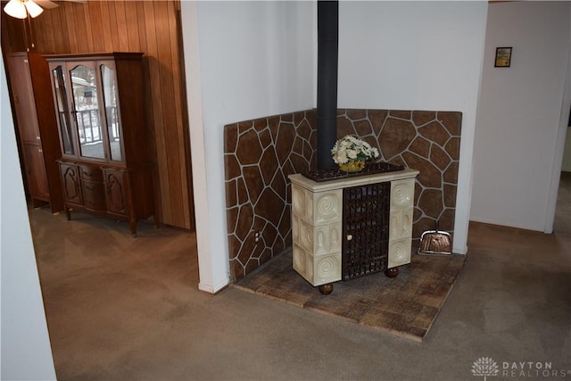 details featuring wooden walls, carpet, and a wood stove