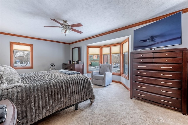 carpeted bedroom featuring multiple windows, ornamental molding, and ceiling fan