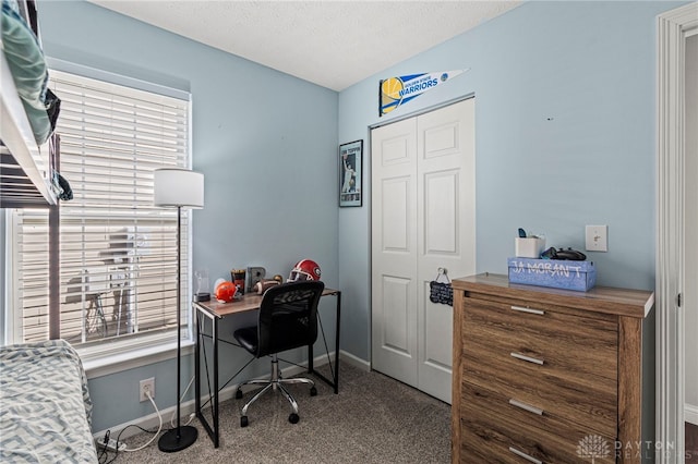 office area with a textured ceiling, baseboards, and carpet flooring