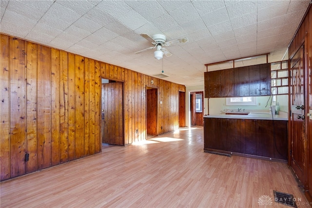 kitchen featuring light hardwood / wood-style flooring, kitchen peninsula, ceiling fan, and wood walls