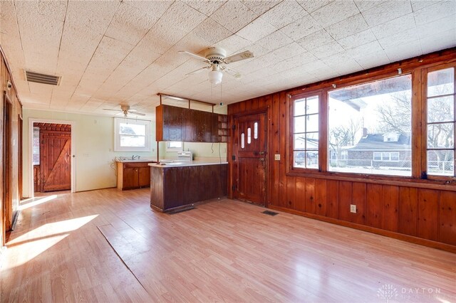 kitchen featuring wooden walls, light wood-type flooring, and kitchen peninsula