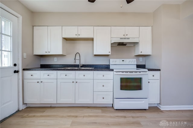 kitchen featuring white cabinetry, white electric range, light hardwood / wood-style floors, and sink