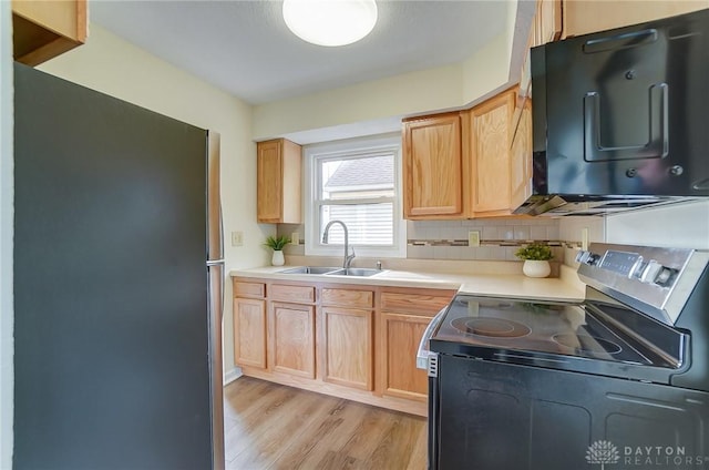 kitchen with appliances with stainless steel finishes, sink, light brown cabinetry, and light wood-type flooring