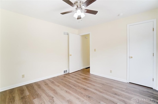 empty room featuring ceiling fan and light wood-type flooring