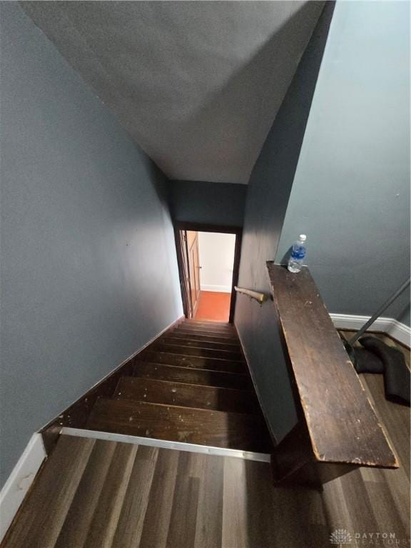 stairs featuring hardwood / wood-style flooring