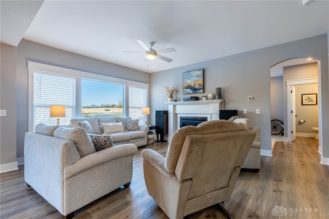 living room with wood-type flooring and ceiling fan