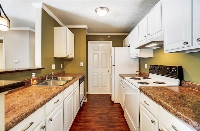 kitchen with sink, crown molding, a textured ceiling, white appliances, and white cabinets