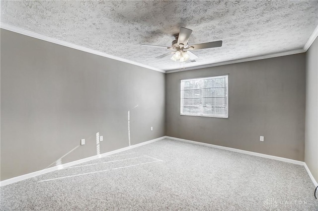 unfurnished room with ceiling fan, crown molding, a textured ceiling, and carpet flooring