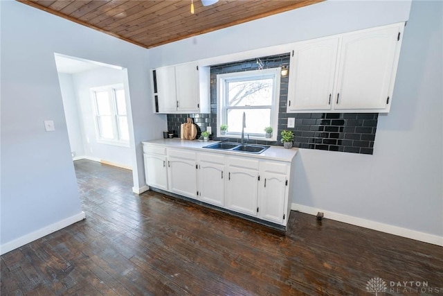 kitchen with sink, wood ceiling, dark wood-type flooring, white cabinetry, and backsplash