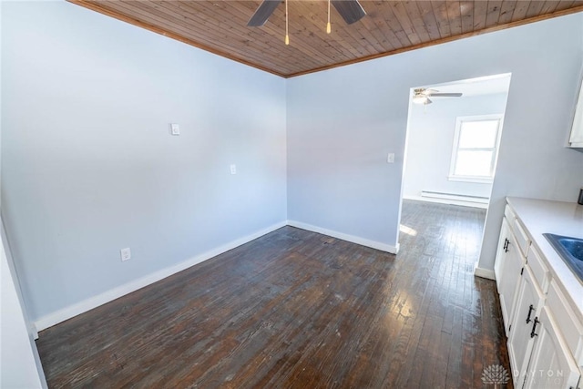 interior space featuring dark wood-type flooring, wood ceiling, ornamental molding, ceiling fan, and white cabinets