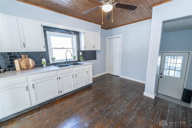 kitchen featuring white cabinetry, sink, decorative backsplash, wood ceiling, and dark wood-type flooring