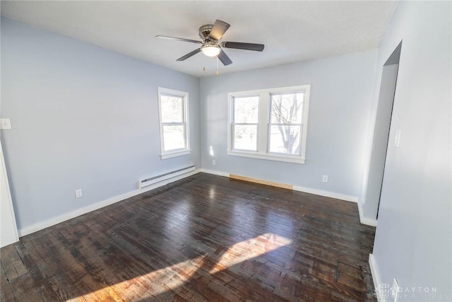 spare room featuring dark hardwood / wood-style flooring, a baseboard heating unit, and ceiling fan