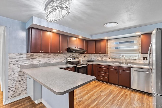 kitchen with sink, hanging light fixtures, kitchen peninsula, stainless steel appliances, and light hardwood / wood-style floors