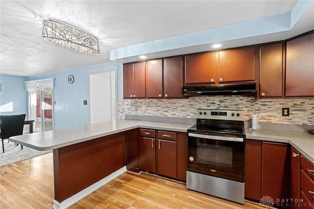 kitchen with stainless steel range with electric stovetop, backsplash, light hardwood / wood-style floors, and kitchen peninsula