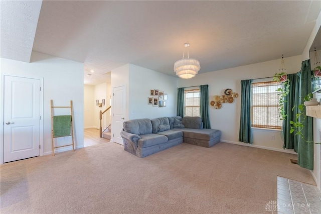 living room featuring light colored carpet