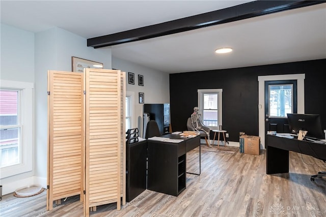 office area with hardwood / wood-style flooring and beam ceiling