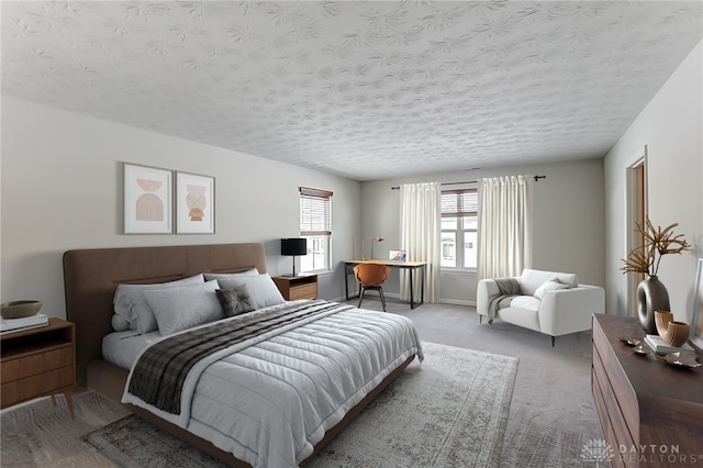 carpeted bedroom with a textured ceiling