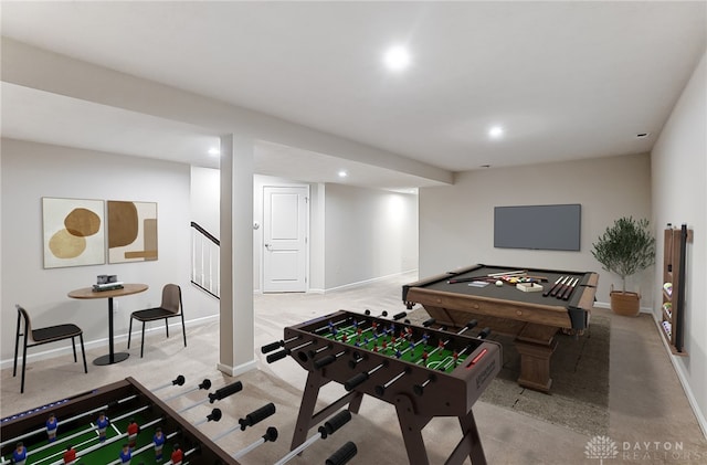 game room featuring light colored carpet and billiards