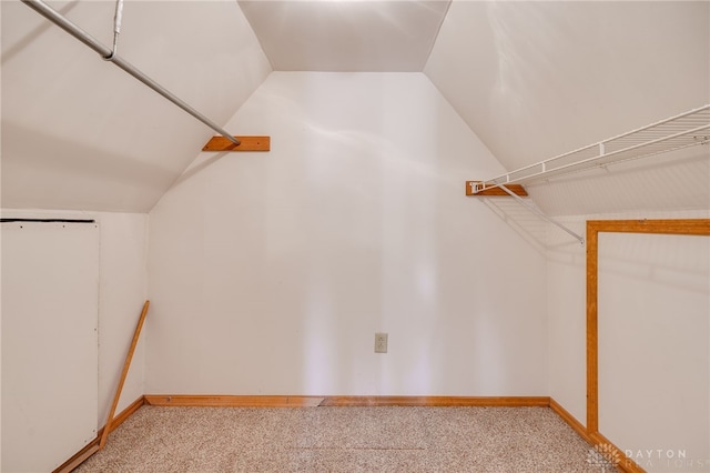 spacious closet with lofted ceiling and carpet floors