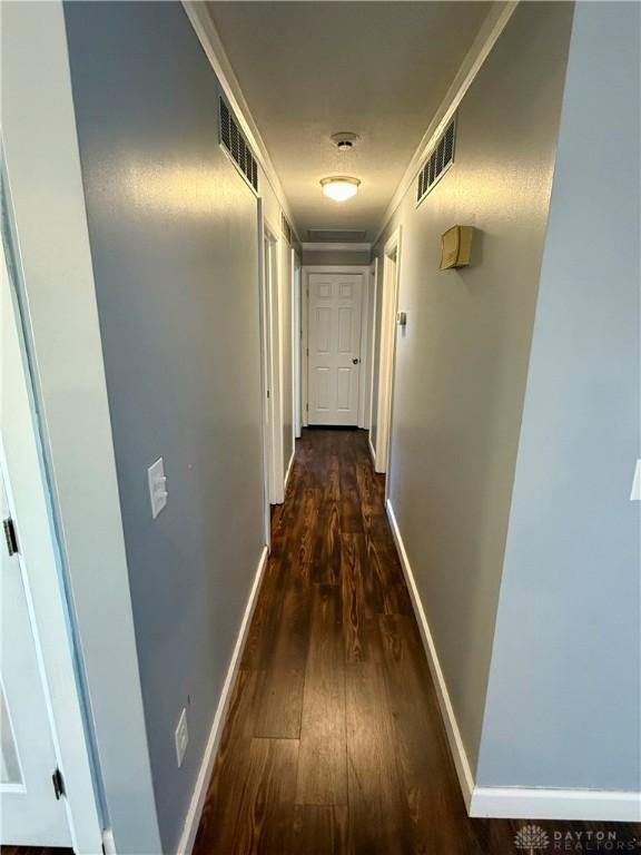 hallway with ornamental molding and dark hardwood / wood-style floors