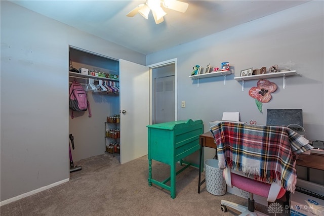 office with ceiling fan and carpet flooring