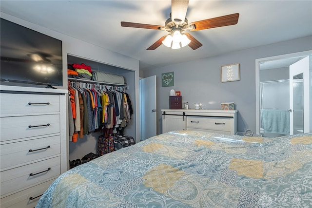 bedroom with ceiling fan and a closet