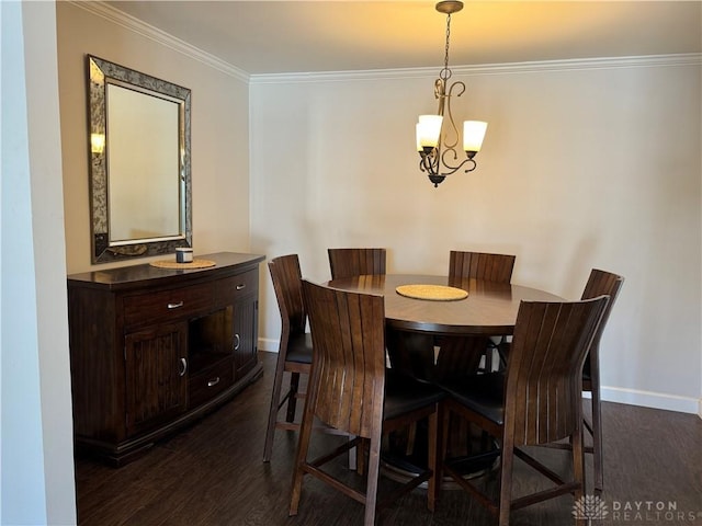 dining area featuring ornamental molding and dark wood-type flooring